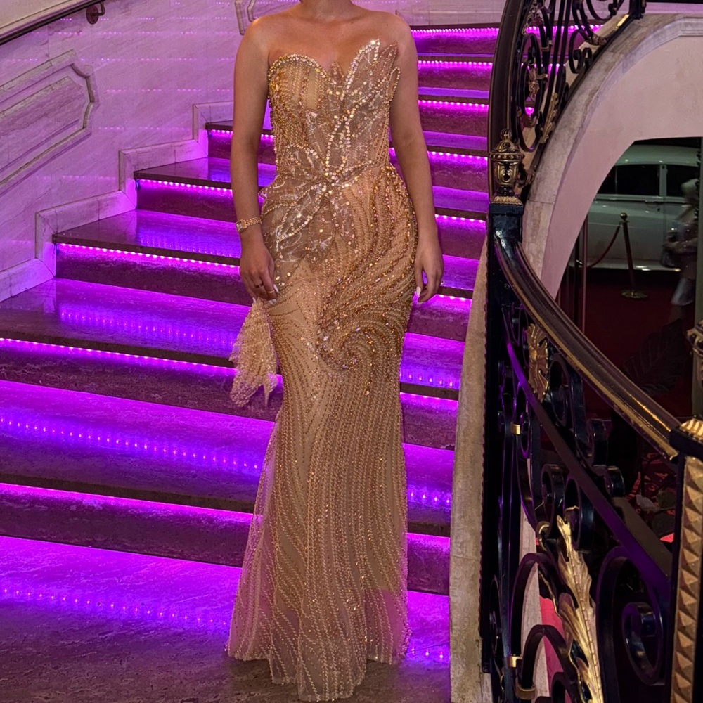 Custom Gold Embellished Leaf Detail Jeweled Evening Dress